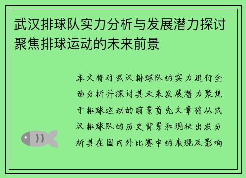 武汉排球队实力分析与发展潜力探讨聚焦排球运动的未来前景